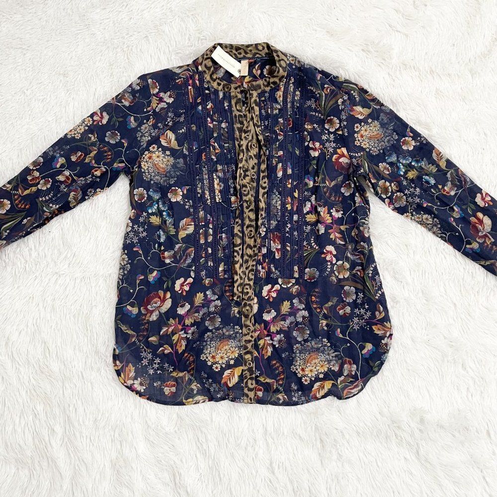 Women Anthropologie Pilcro Ladder Lace Floral Tunic Blouse in Navy Blue Small - Picture 10 of 14